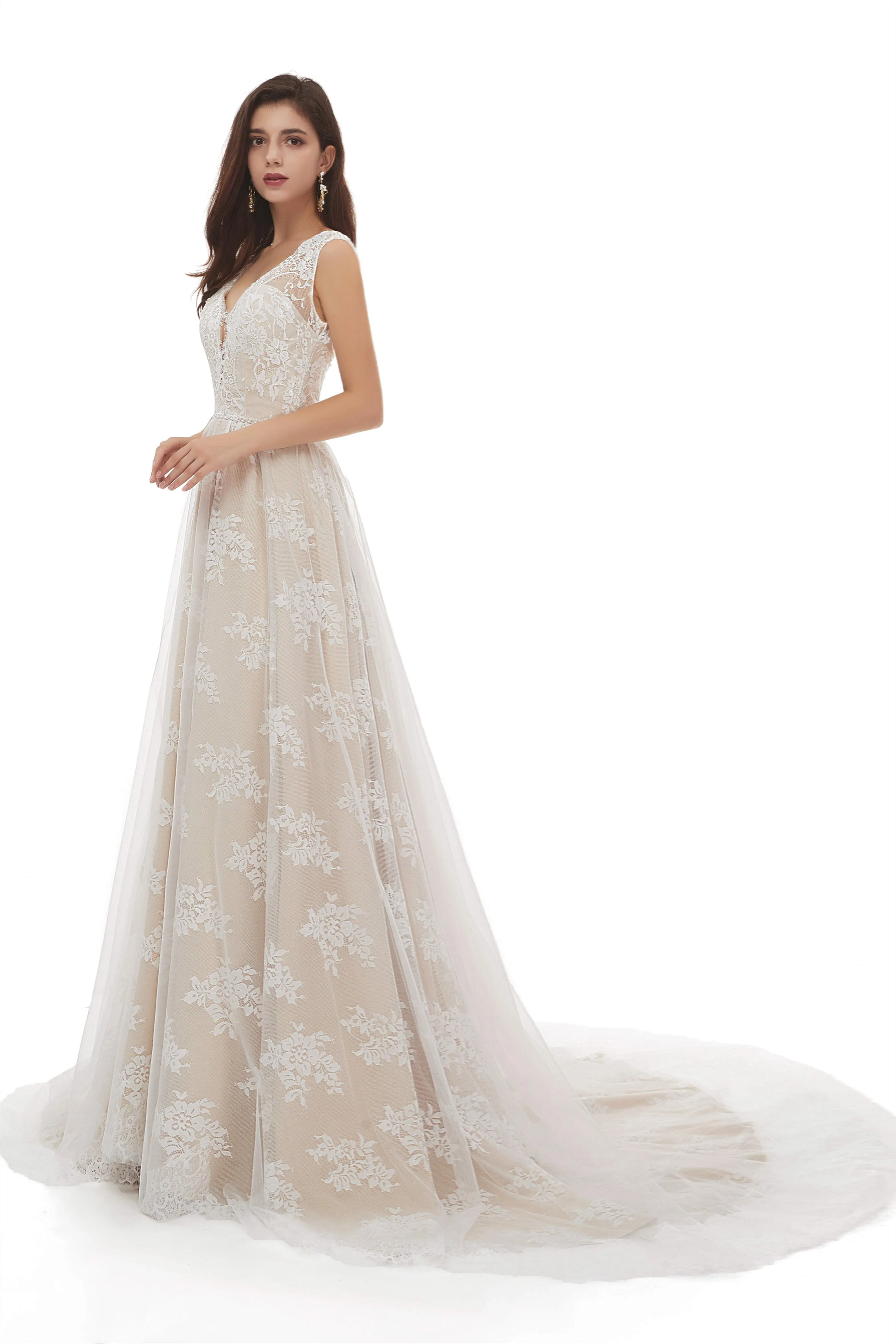 Champagne Tulle Lace Deep V-neck Backless Pearls Wedding Dresses