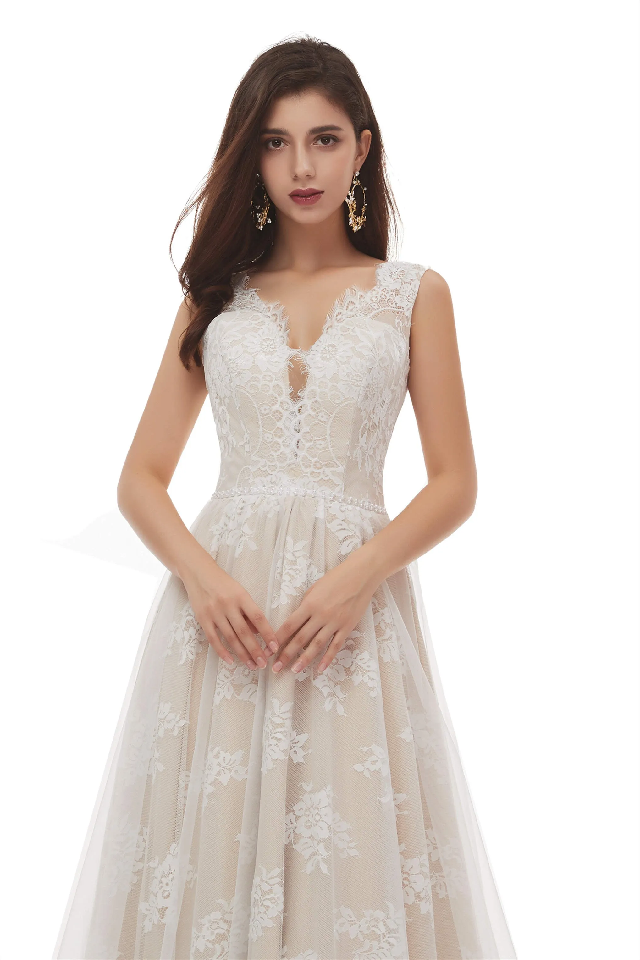 Champagne Tulle Lace Deep V-neck Backless Pearls Wedding Dresses