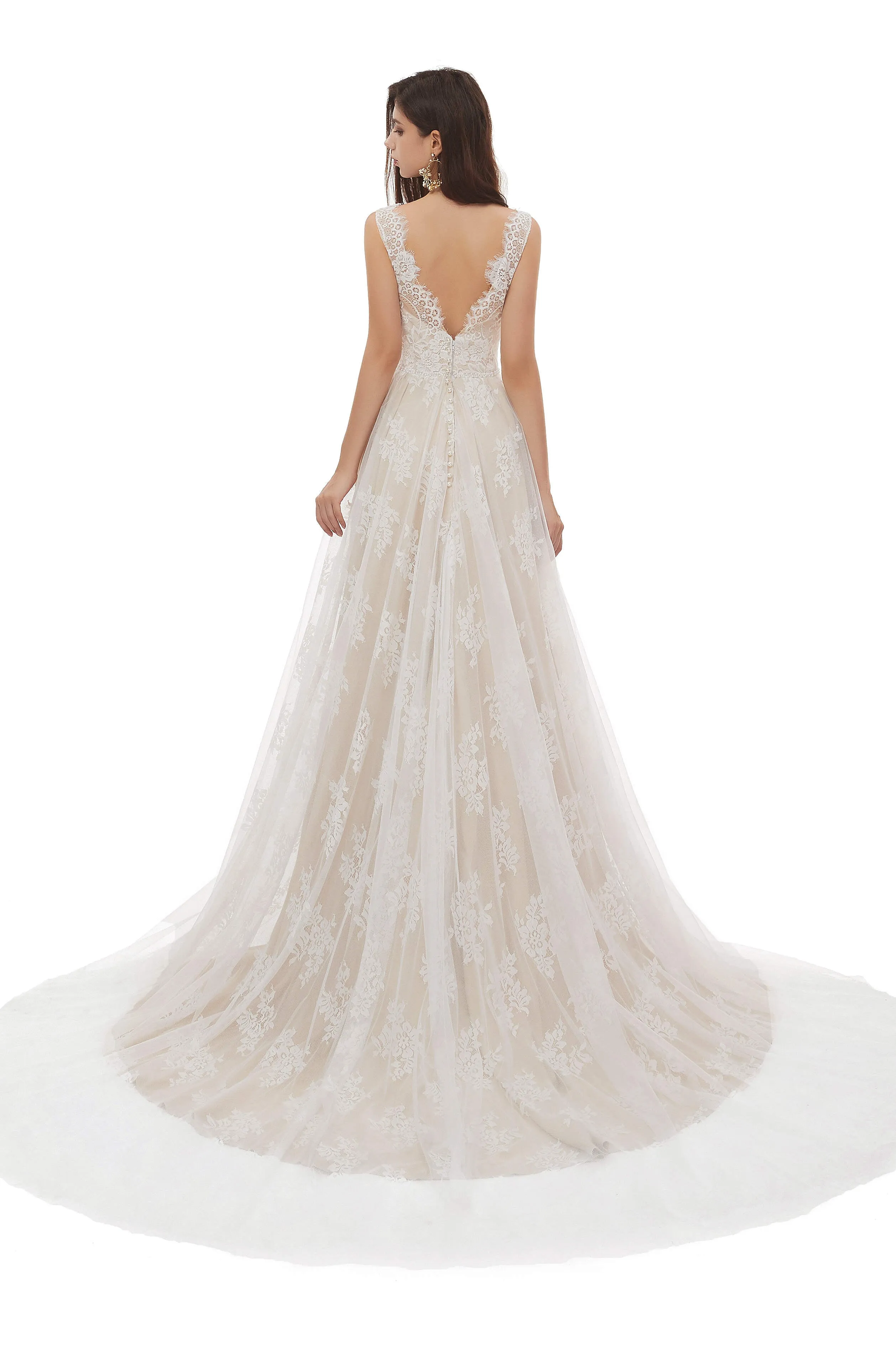 Champagne Tulle Lace Deep V-neck Backless Pearls Wedding Dresses