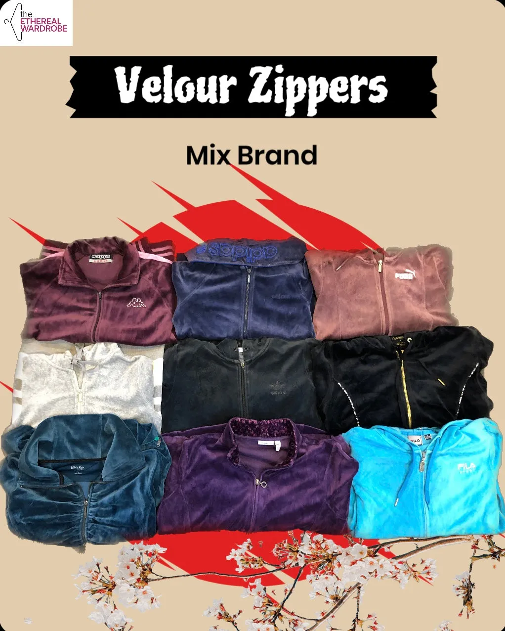 Mix Brand Velour Zipper Jacket Uppers including Tommy Hilfiger, Adidas, Calvin Klein, and other brands