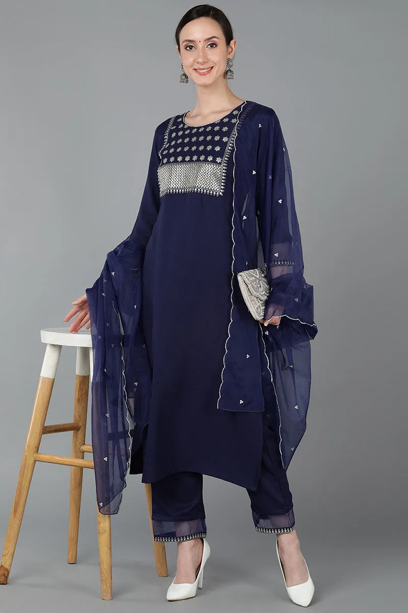 Navy Blue Poly Silk Yoke Design Sequined Straight Kurta Pant With Dupatta