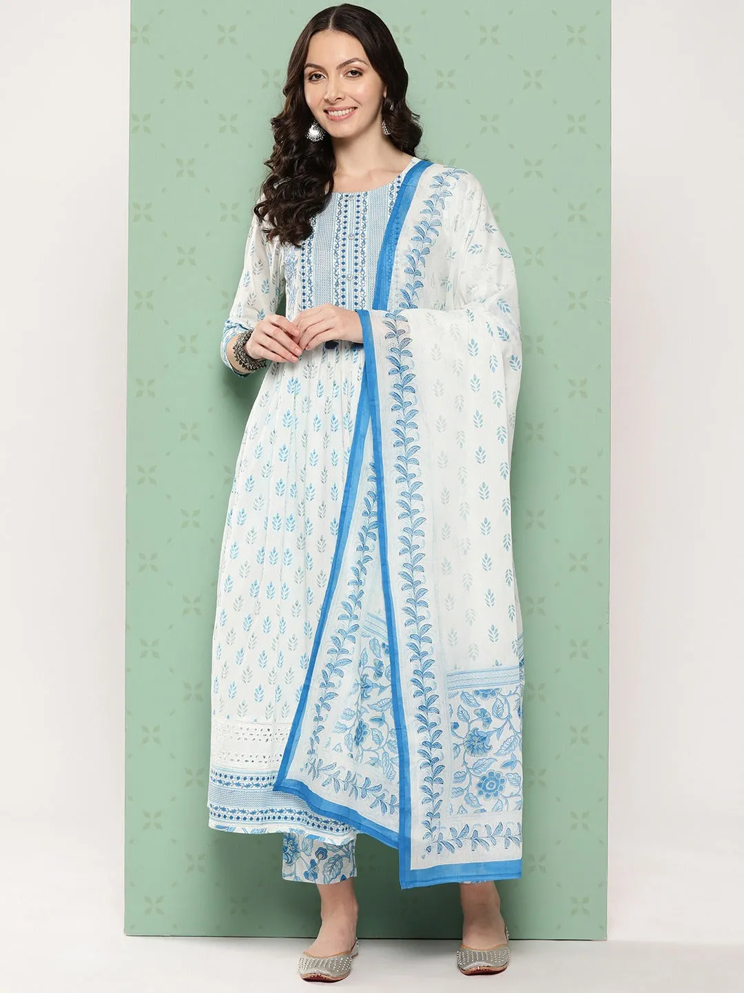 Women Ethnic Printed Regular Sequined Cotton Kurta With Trousers & Dupatta