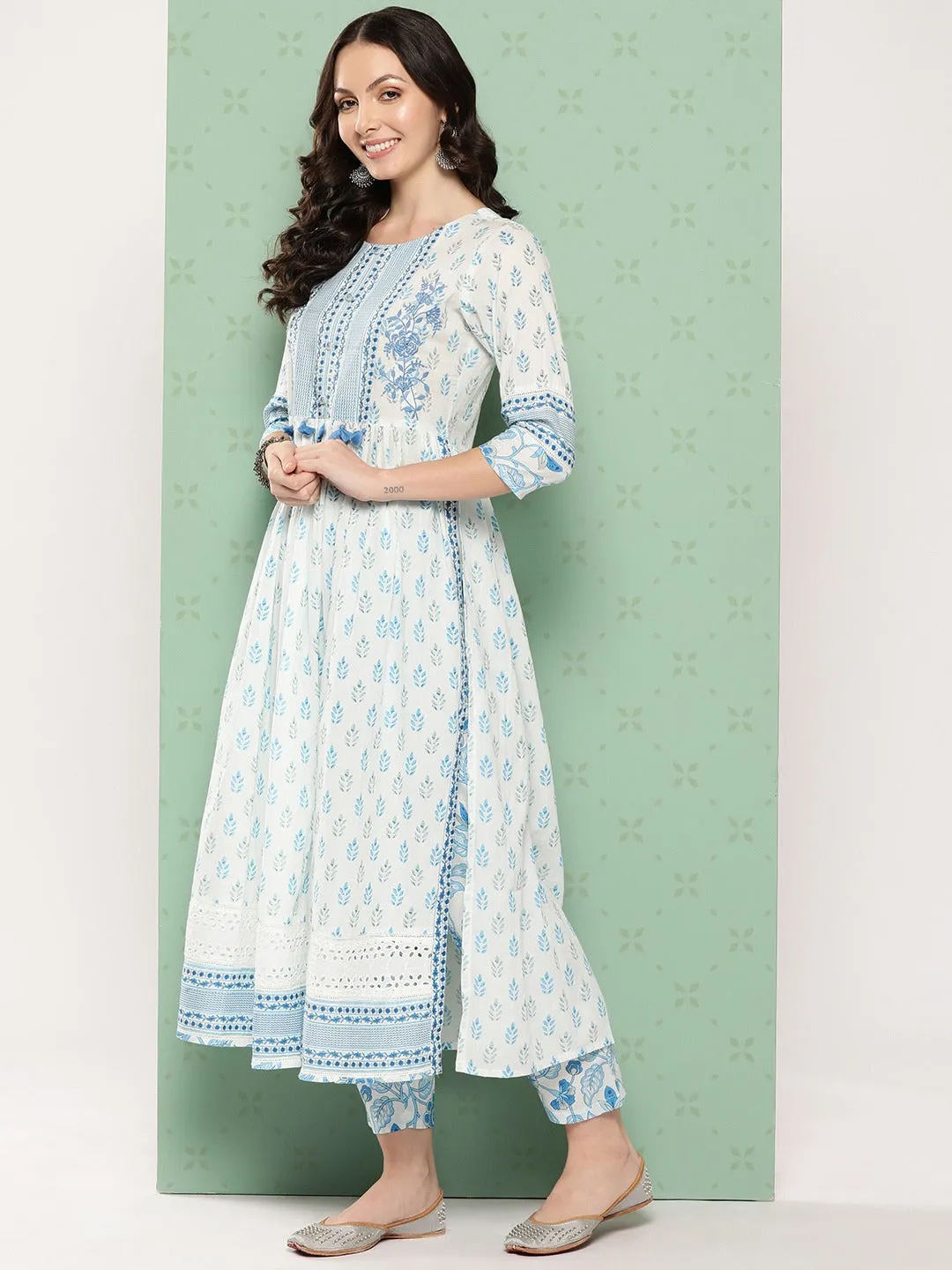 Women Ethnic Printed Regular Sequined Cotton Kurta With Trousers & Dupatta