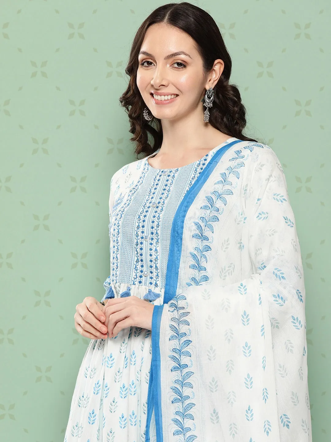 Women Ethnic Printed Regular Sequined Cotton Kurta With Trousers & Dupatta