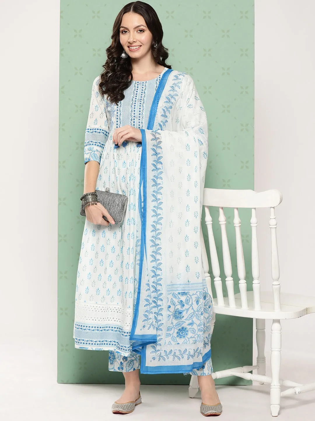 Women Ethnic Printed Regular Sequined Cotton Kurta With Trousers & Dupatta