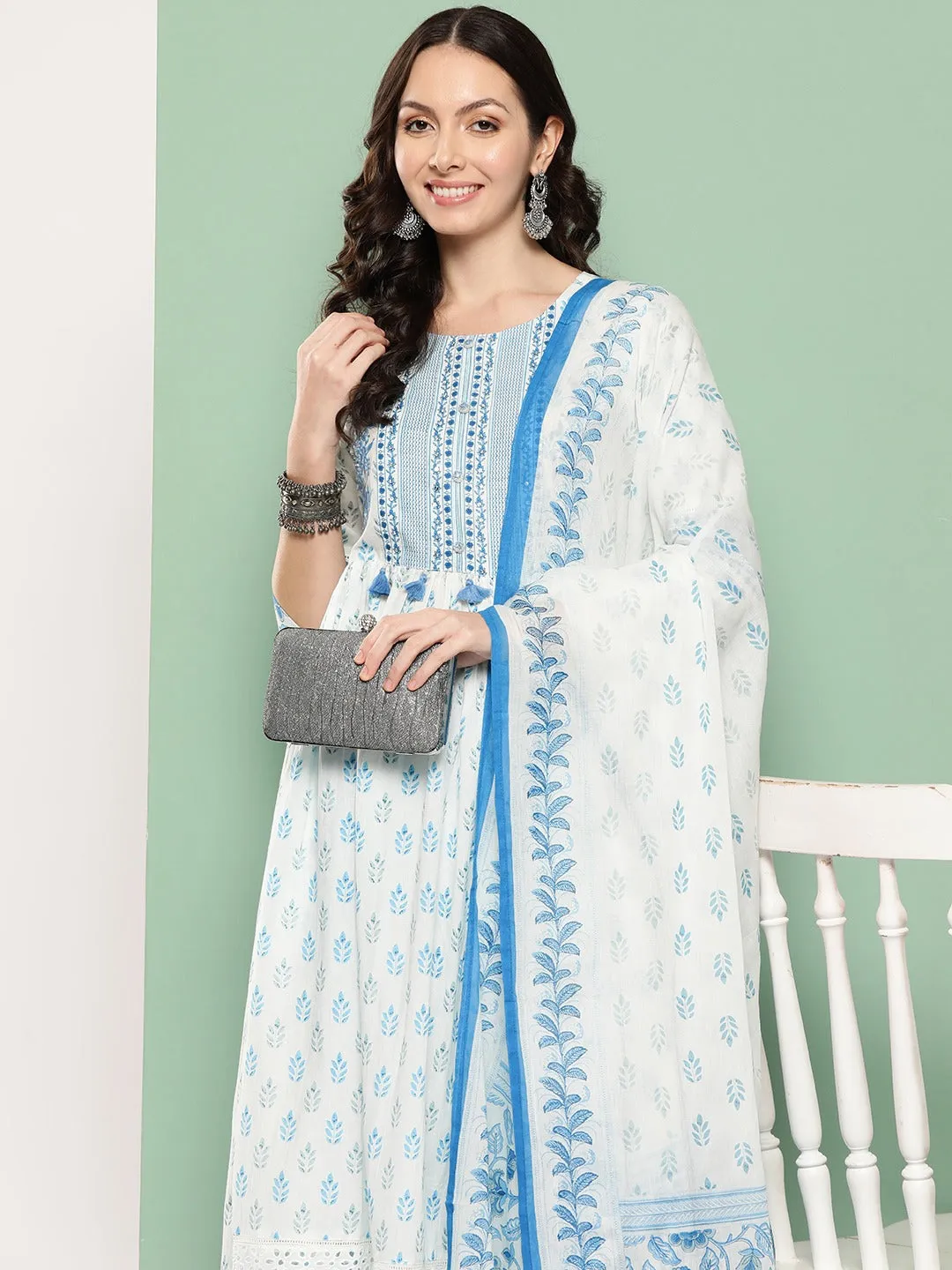 Women Ethnic Printed Regular Sequined Cotton Kurta With Trousers & Dupatta
