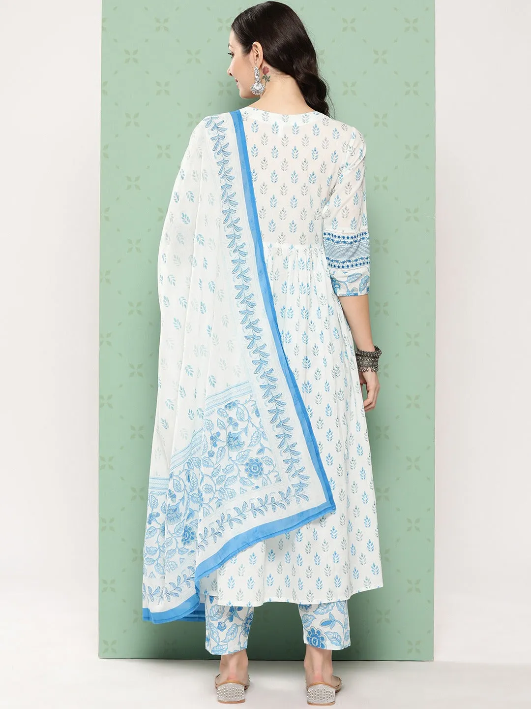 Women Ethnic Printed Regular Sequined Cotton Kurta With Trousers & Dupatta